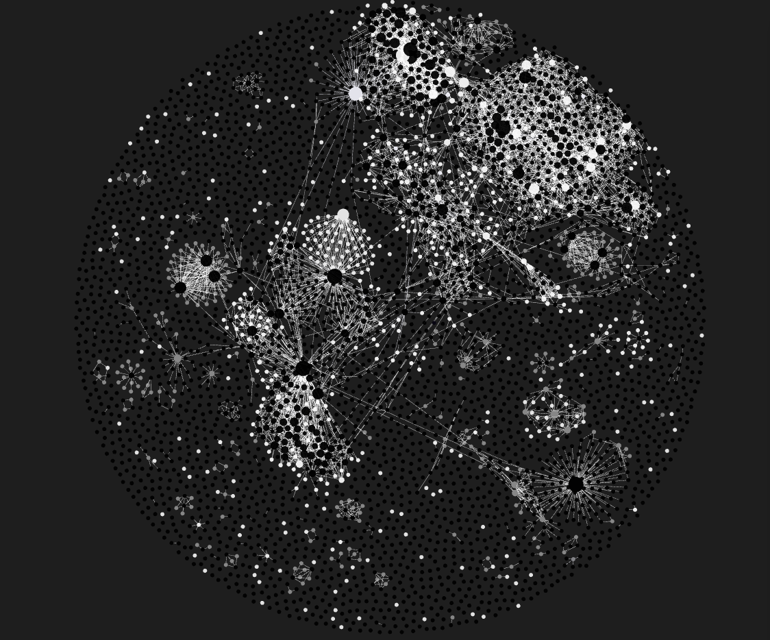 The maker's own vault in graph view, nine areas and years of notes.